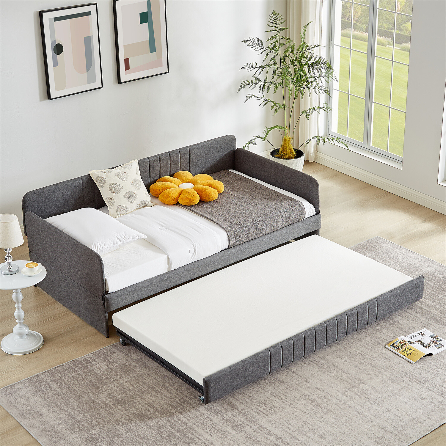 Twin Size Daybed Upholstered Bed Frame Sofa Bed with Trundle Bed Grey