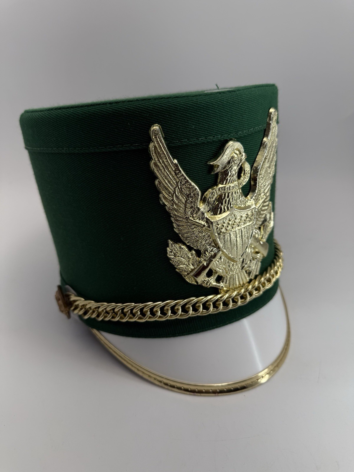 Vintage Shako Marching Band Uniform Hat Green Gold White Sz S-M-L- XL w/case