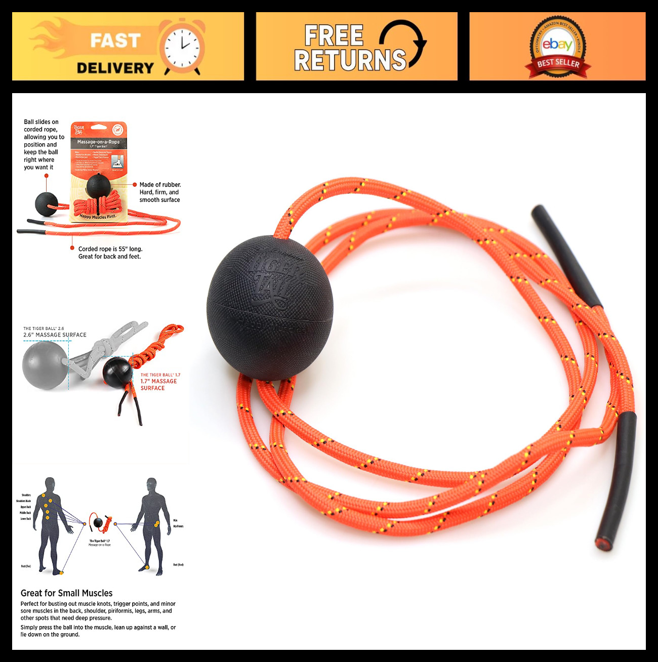 Deep Tissue Foam Roller Ball with 50” Rope - Trigger Point Massage Therapy for F