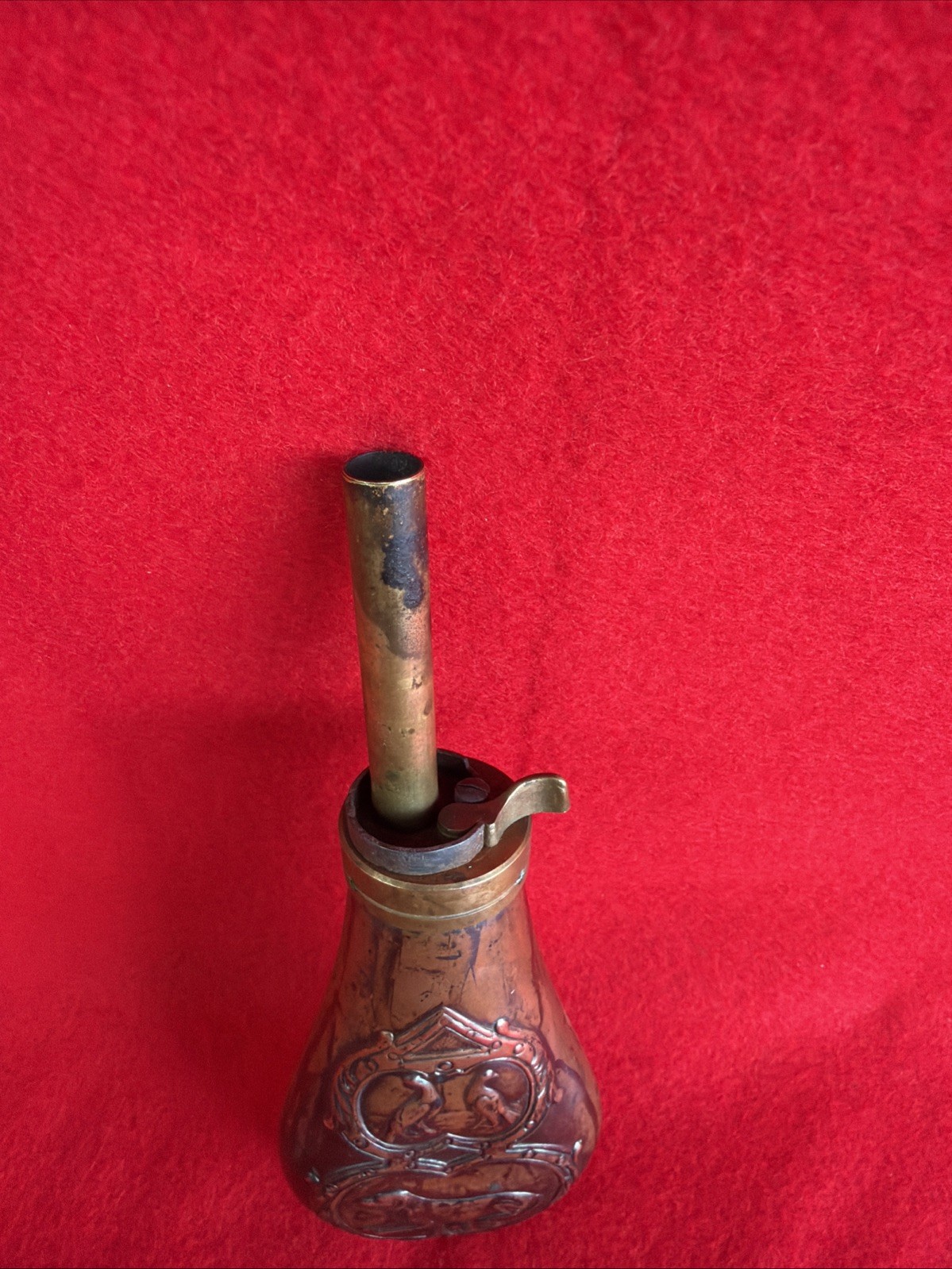 Copper Black Powder Flask with Pheasant & Dog Embossed