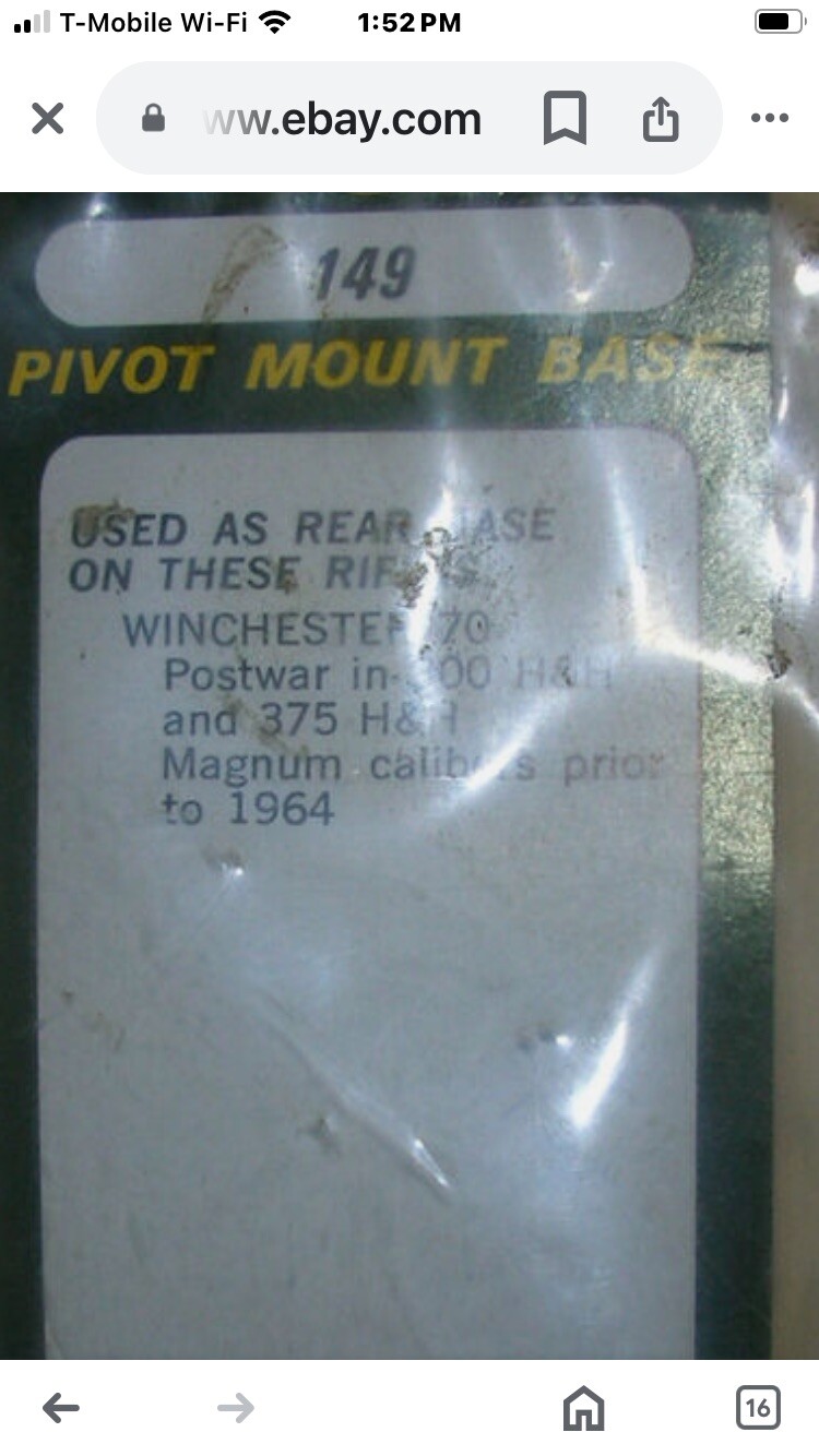 WEAVER 149 pivot mount base rear rifle scope WIN Winchester 70 postwar Magnum