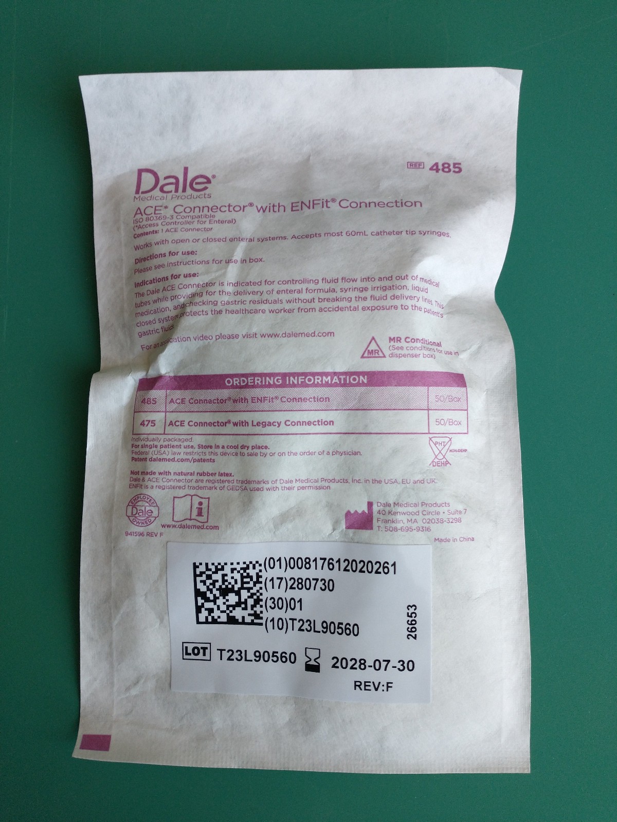 Dale ACE Connector with ENFit Connection. REF# 485, 1 Unit - NEW