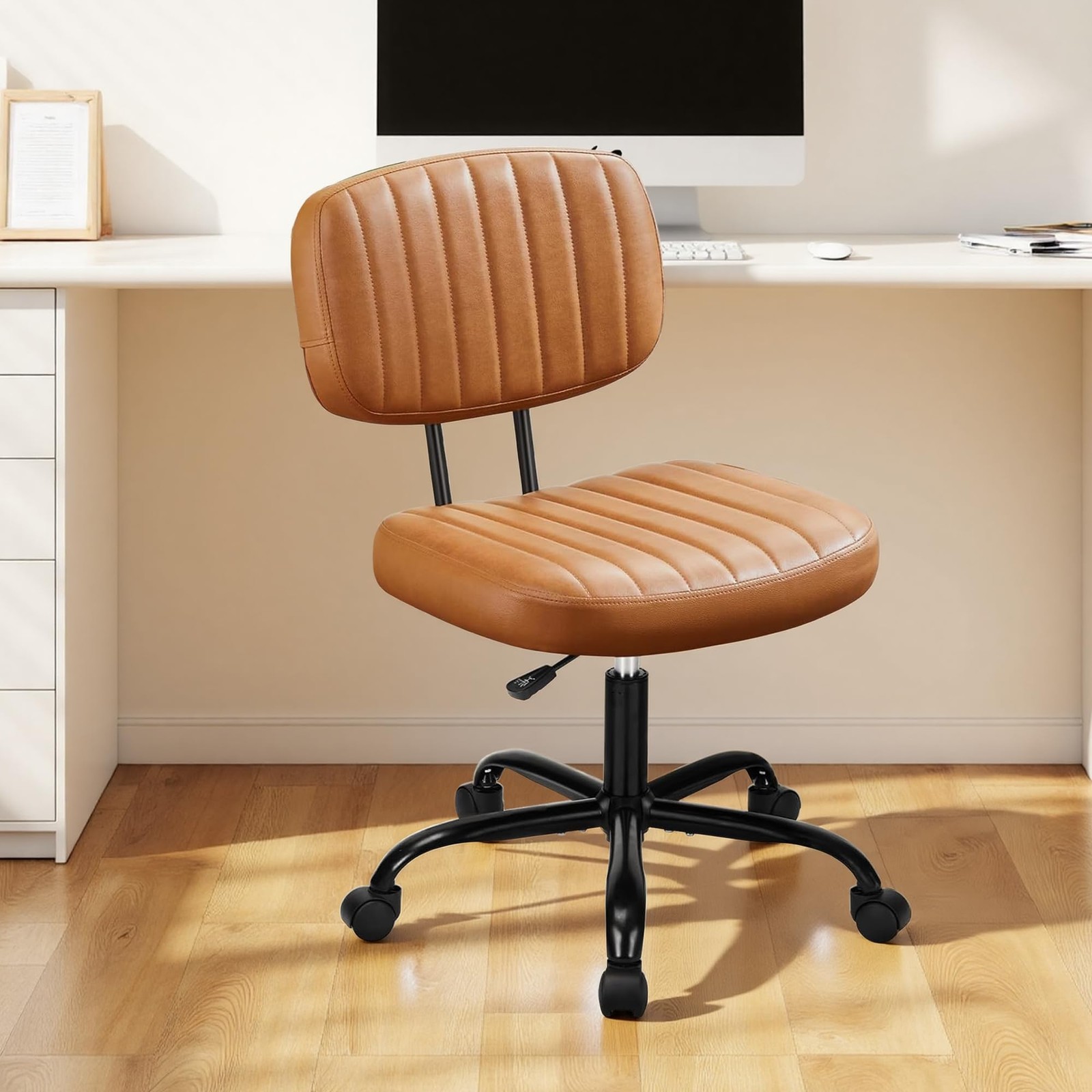 Swivel Rolling Office Chair, Armless Pu Leather Vanity Chair with Back Lumbar...