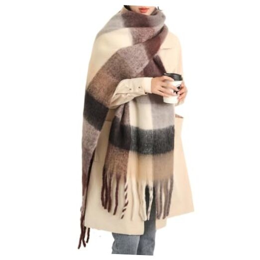 Chunky Winter Scarfs for Women Cold Weather Warm Knit Thick Plaid Scarf Brown