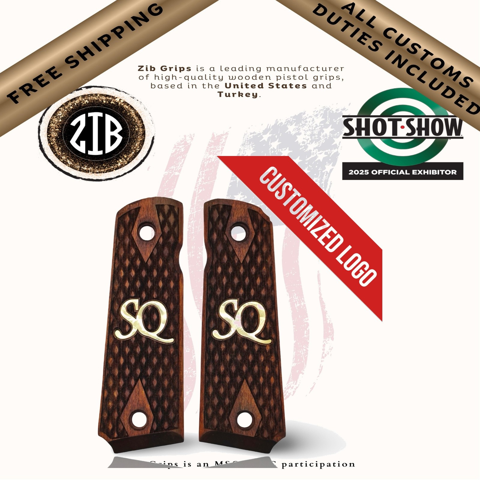 Zib Grips Wooden Series Pistol Grips for Colt 1911, Metal Medallion Logo