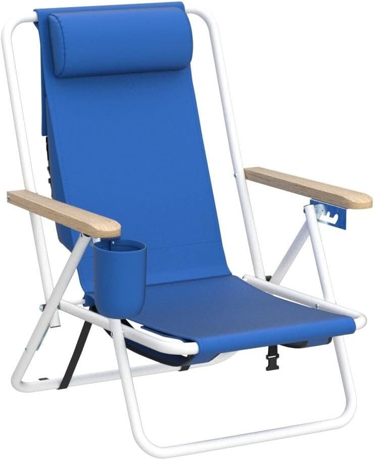 Folding Beach Chair Adjustable Headrest 4Flexible Tilt Angle Cup Holder Portable