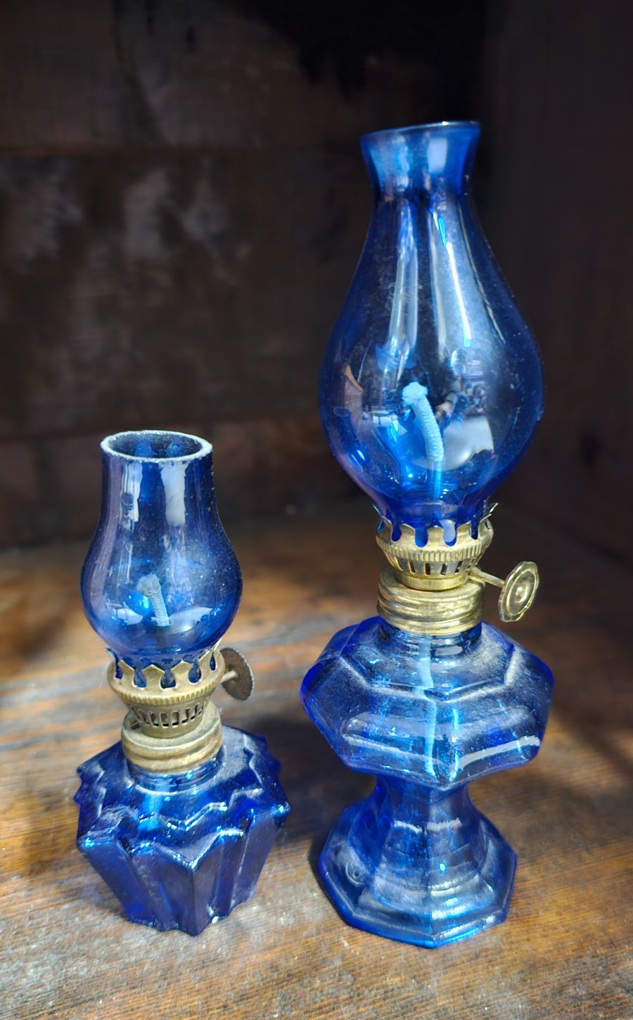 Vintage Mini Oil Lamp Lot of 2 Hong Kong Cobalt Blue  Glass 4.5"/6.5" Decorative