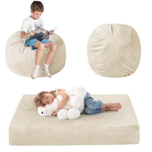 Kids Bean Bag Chair Bed - Convertible Lazy Chair to Floor Mattress Small Beige