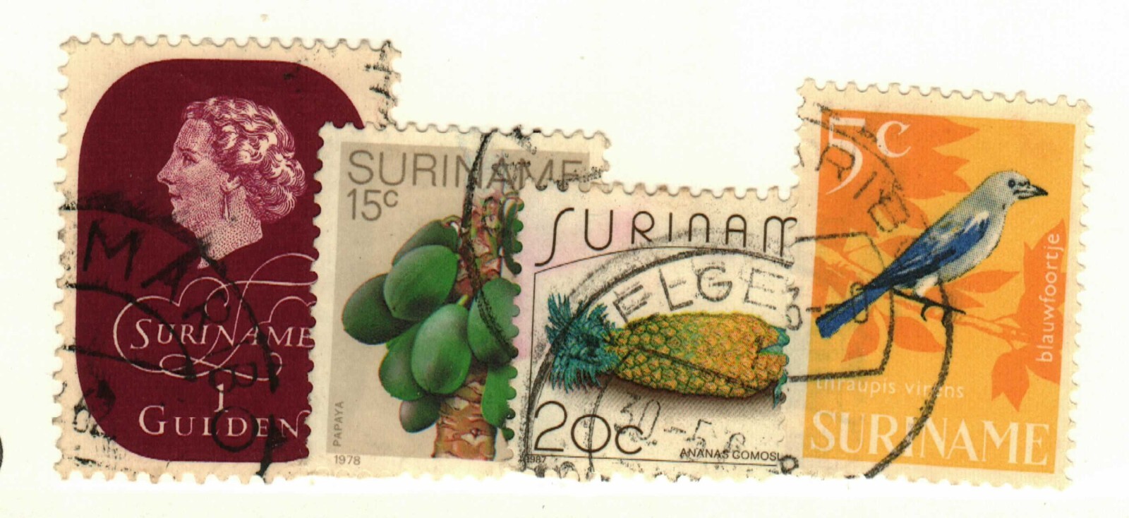 Suriname #272, 327, 512, 777 used fruits, bird
