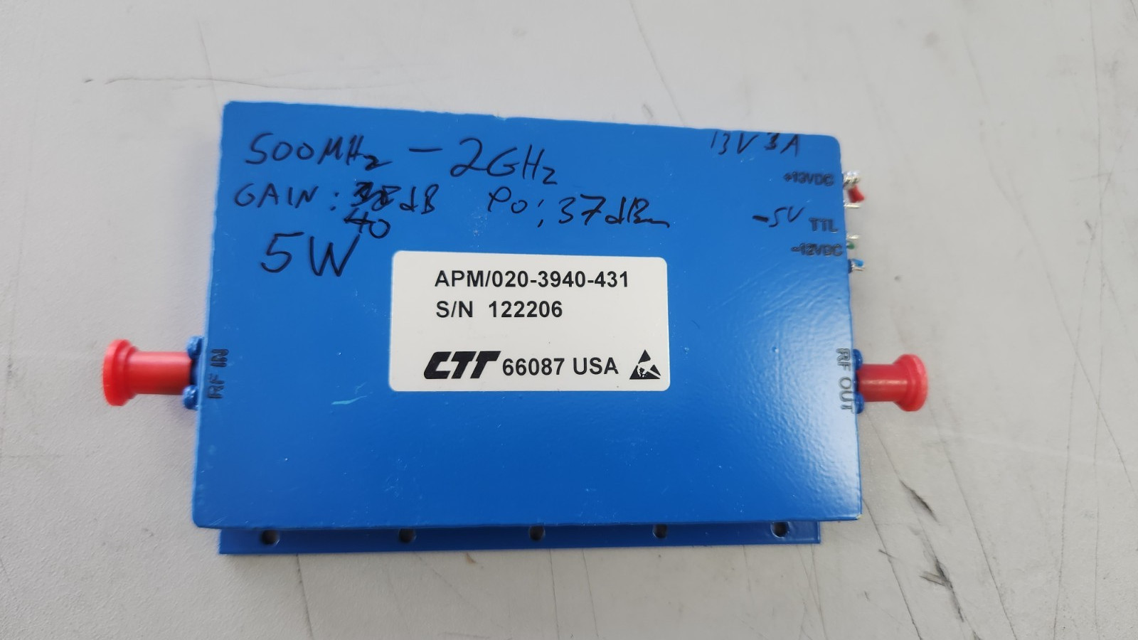 CTT POWER AMPLIFIER 0.5 to 2GHz Gain 40dB 37dBm 5 Watts RF OUT  APM020-3940