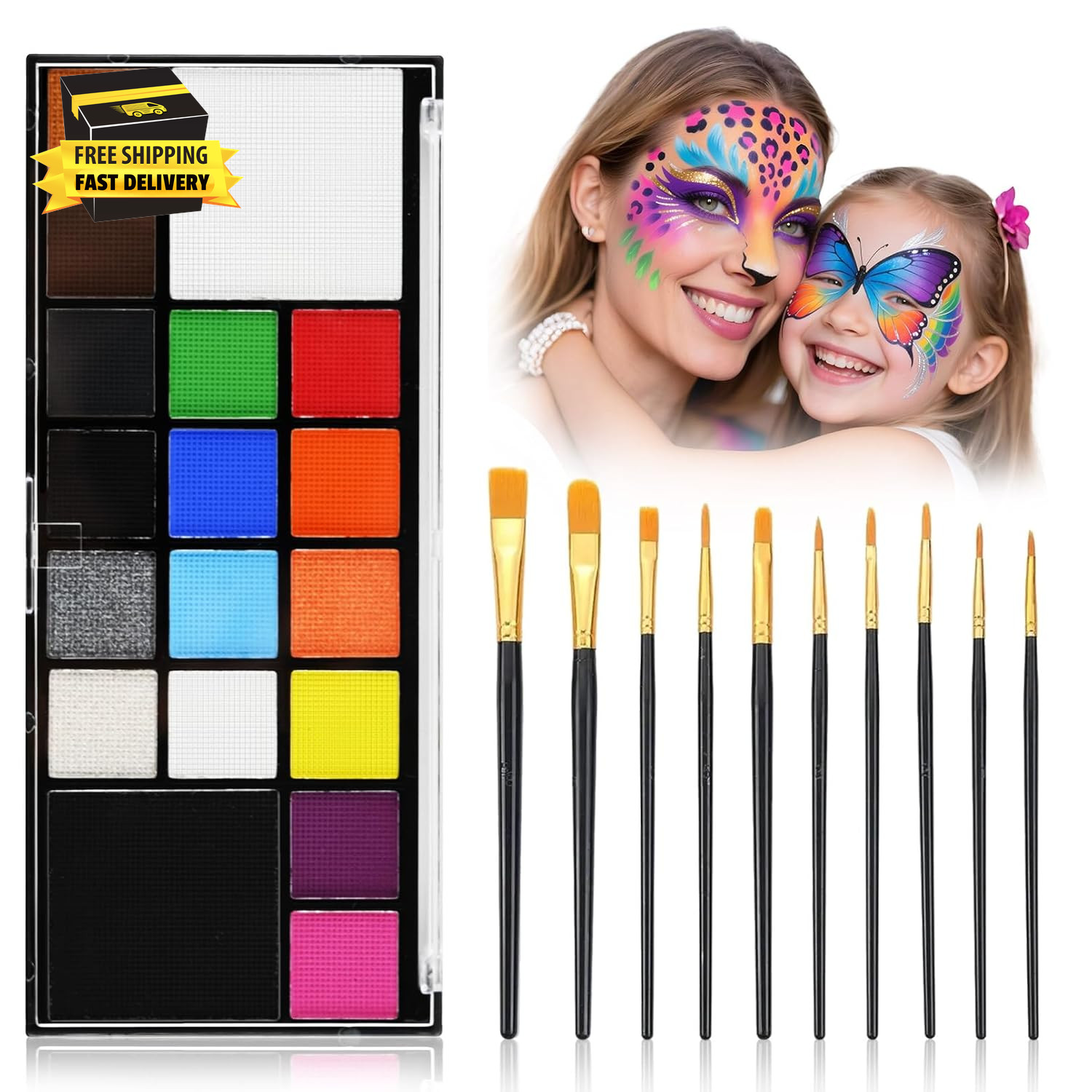 Face Body Paint Kit for Kids Adults- Non-Toxic, Skin Safe, Washable 18 Colors Fa
