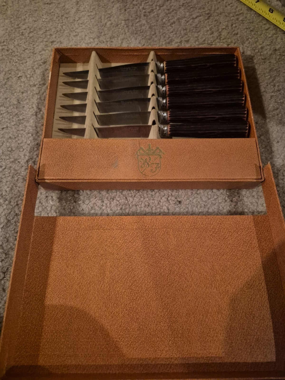 Vtg Washington Forge 6 Stainless Steak Knives Set Faux Antler Handles In Box