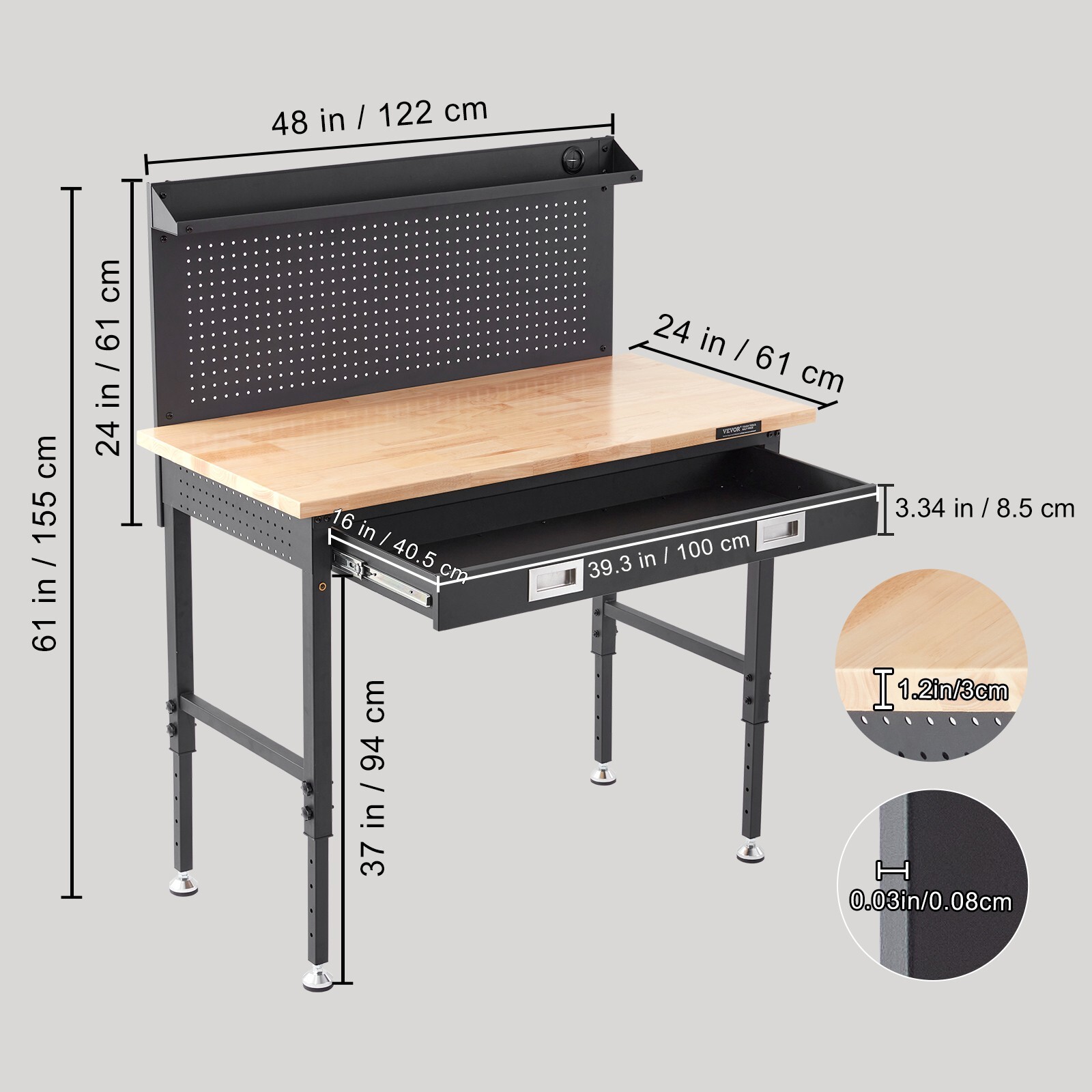 VEVOR Workbench 48"X24" Solid Wood Top Workbench with Drawer Pegboard Outlets