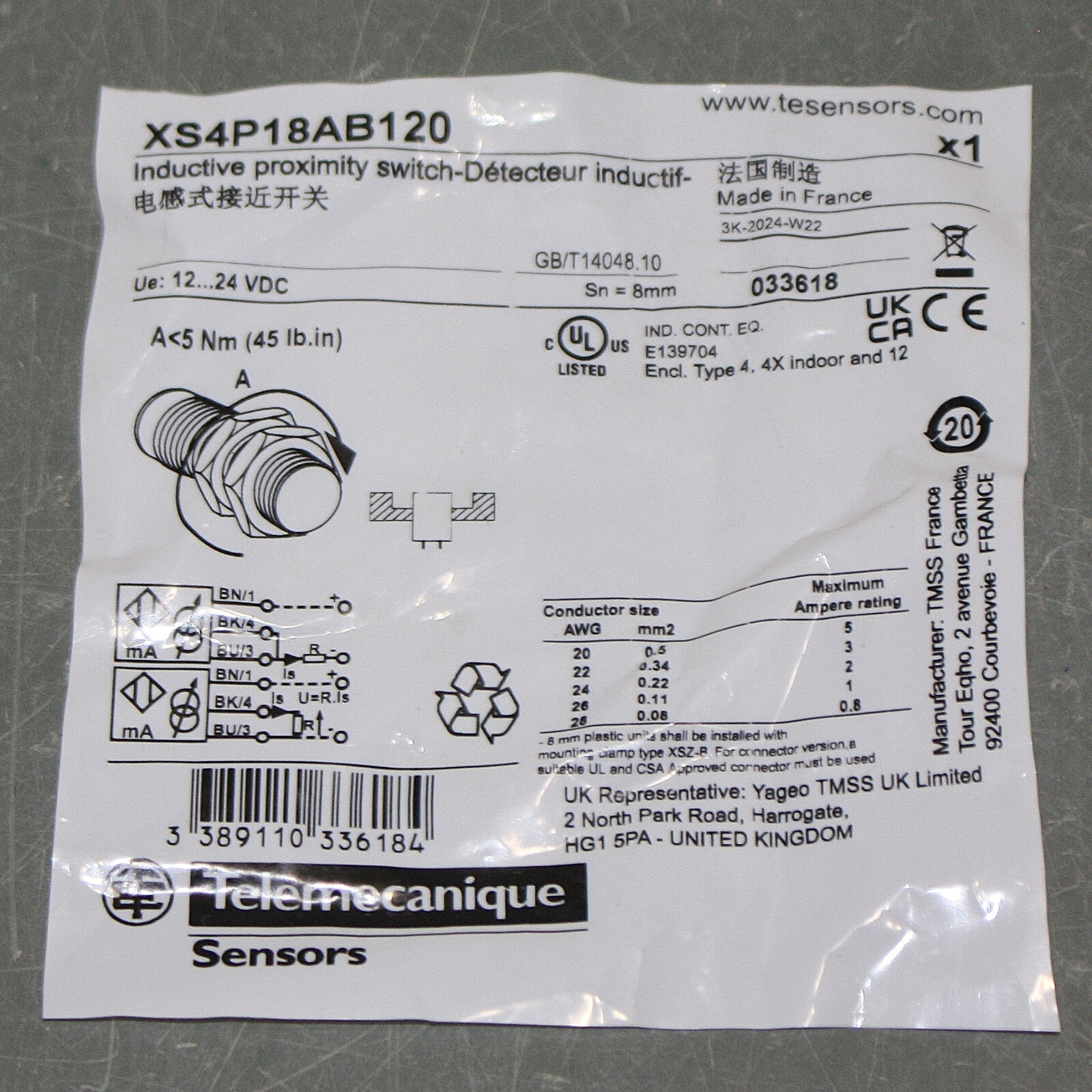 GENUINE Telemecanique Sensors Inductive Proximity Switch XS4P18AB120, 12-24V DC