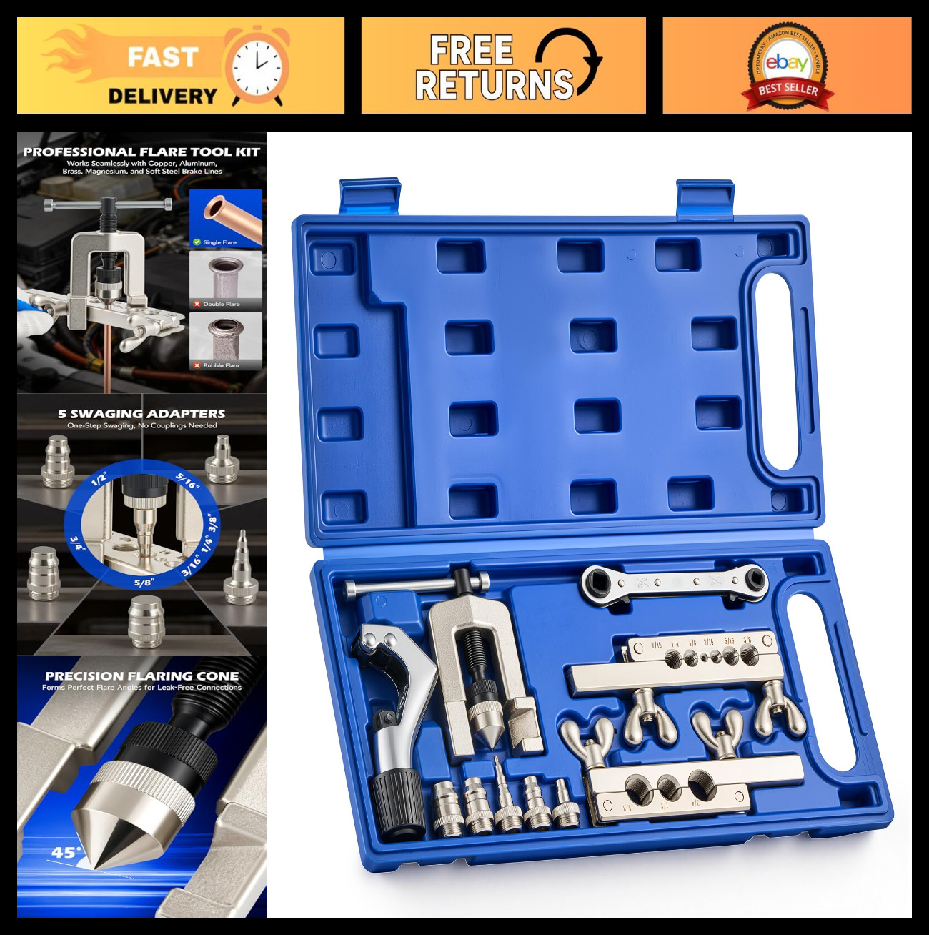 Single Flaring Tool & Swaging Kit for HVAC Tubing, 1/8" - 3/4", Tube Cutter & Ra