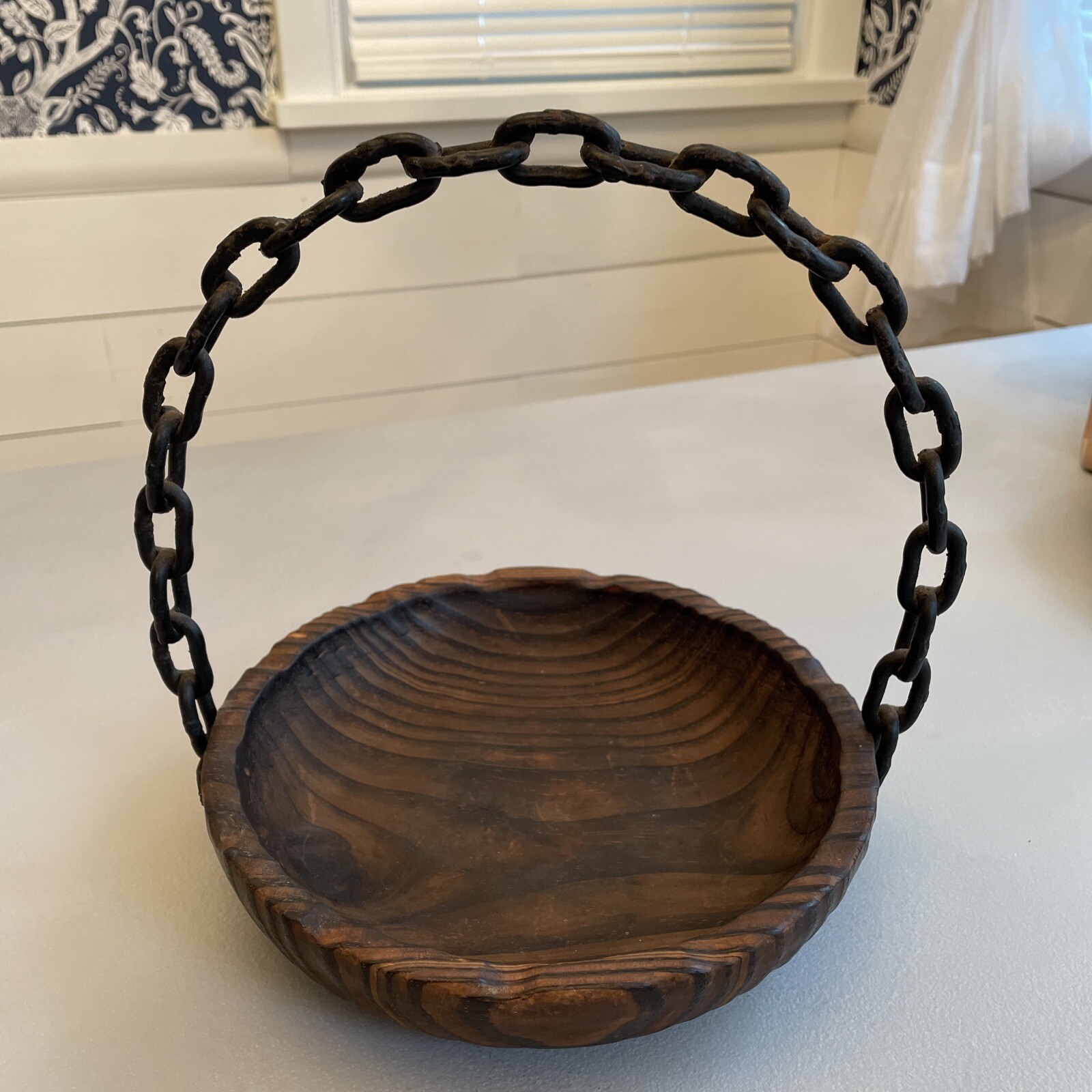 Rustic Wooden Basket with Old Rusty Chain handle Western Or Boho Decor