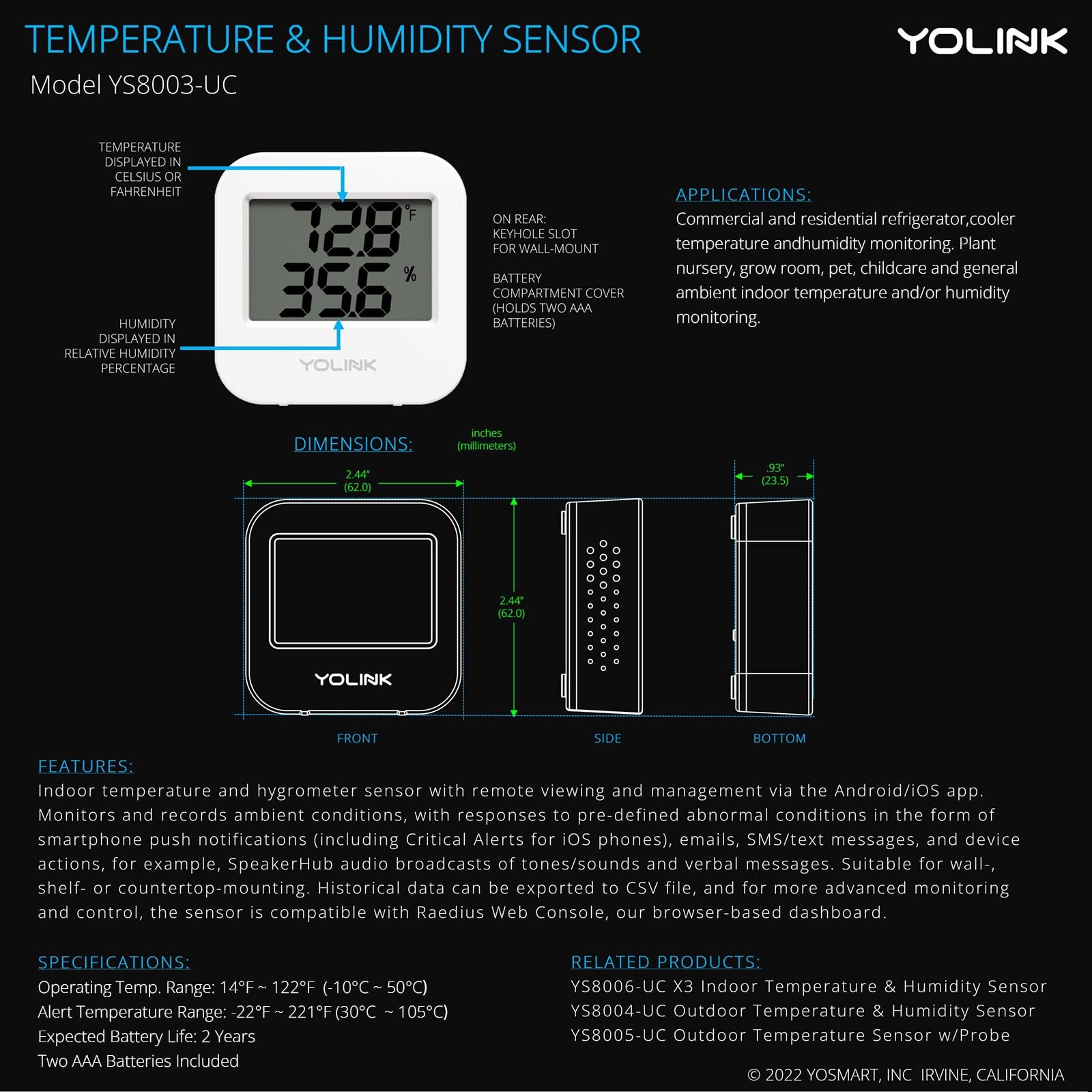 YoLink Smart Wireless Temperature & Humidity Sensor, 3-Pack, Wide Temp white