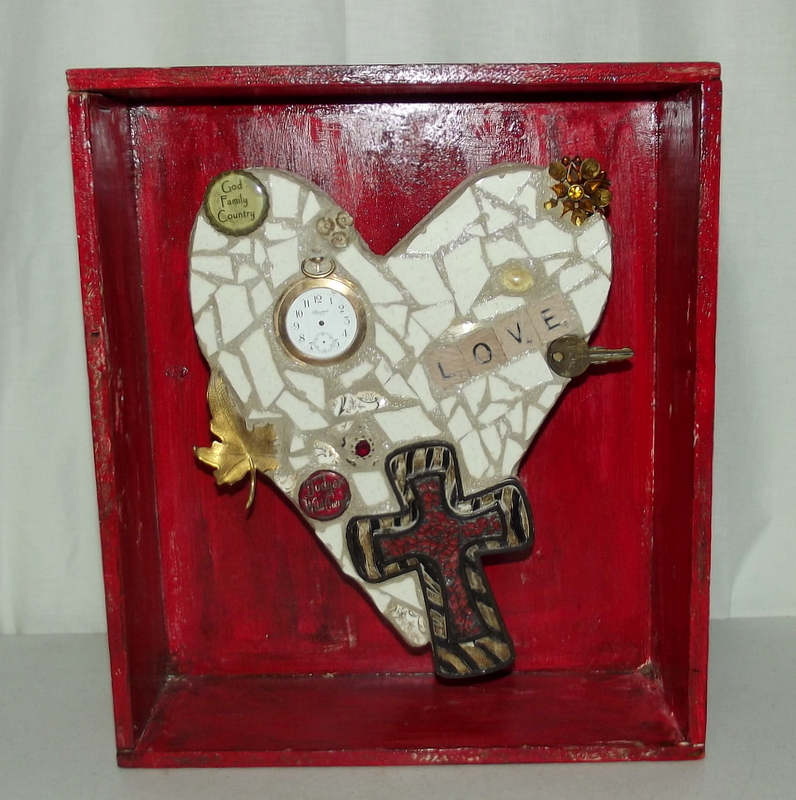 Red and Tan Heart assemblage with cross - mosaic sculpture