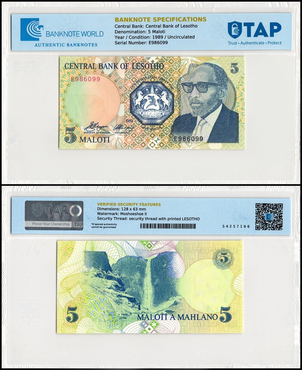 Lesotho 5 Maloti, 1989, P-10, UNC, TAP Authenticated