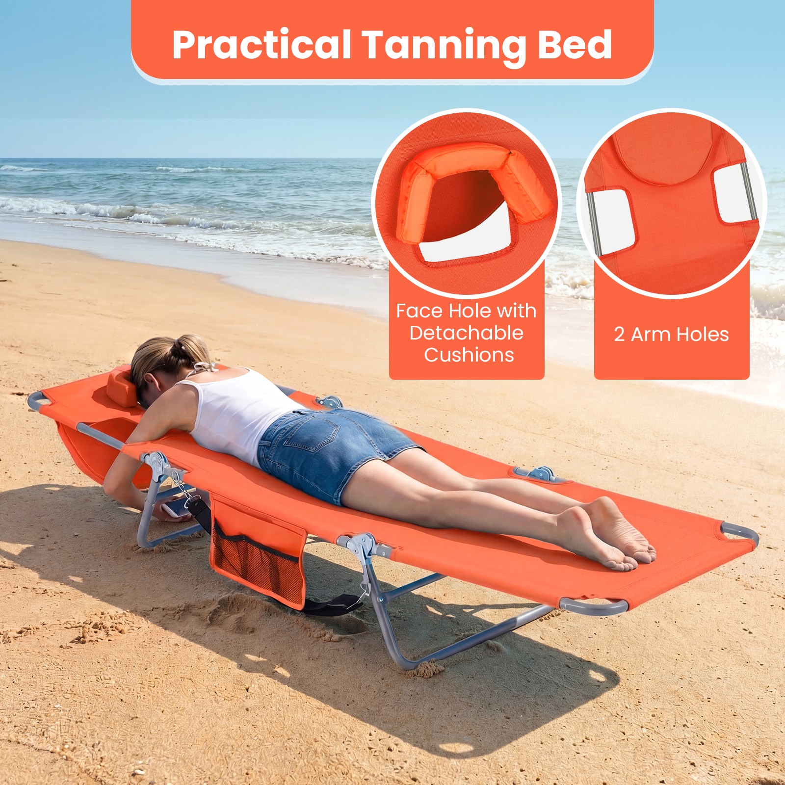 2PCS Tanning Chair,Folding Beach Lounge Chair w/5-Position Adjustable Backrest