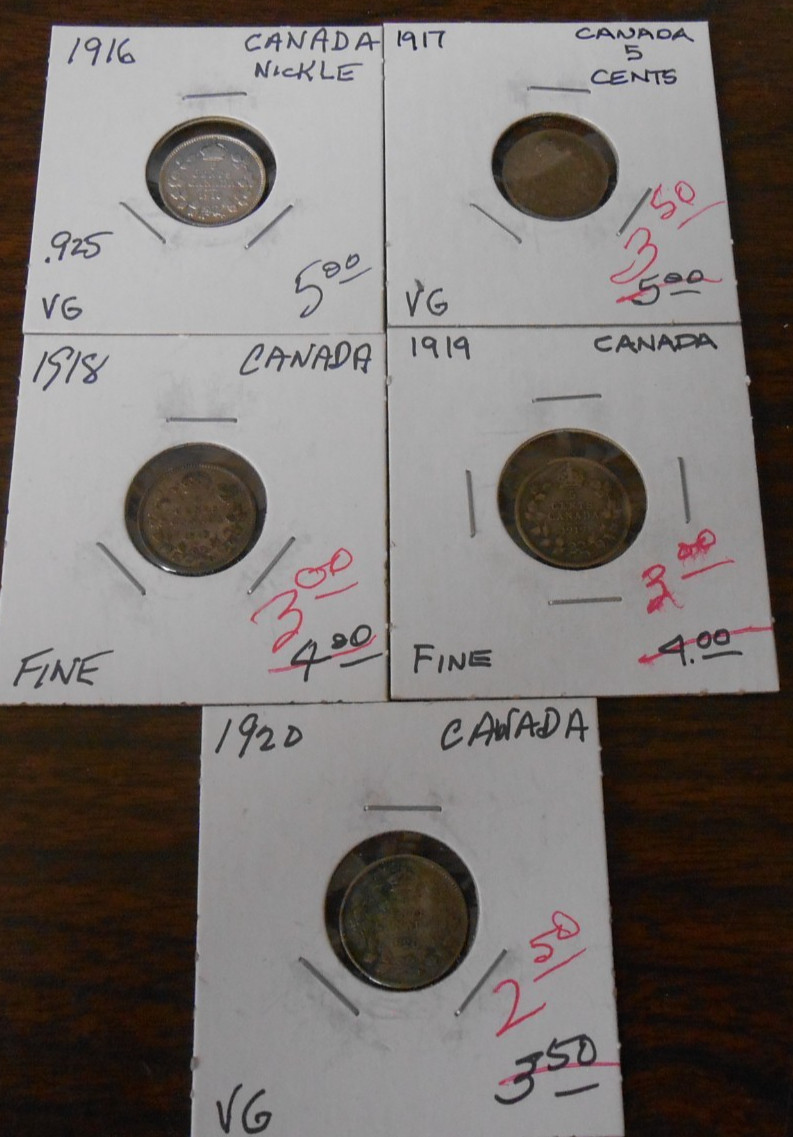 1916, 1917, 1918, 1919 and 1920 CANADA 5 CENTS - VERY GOOD or FINE