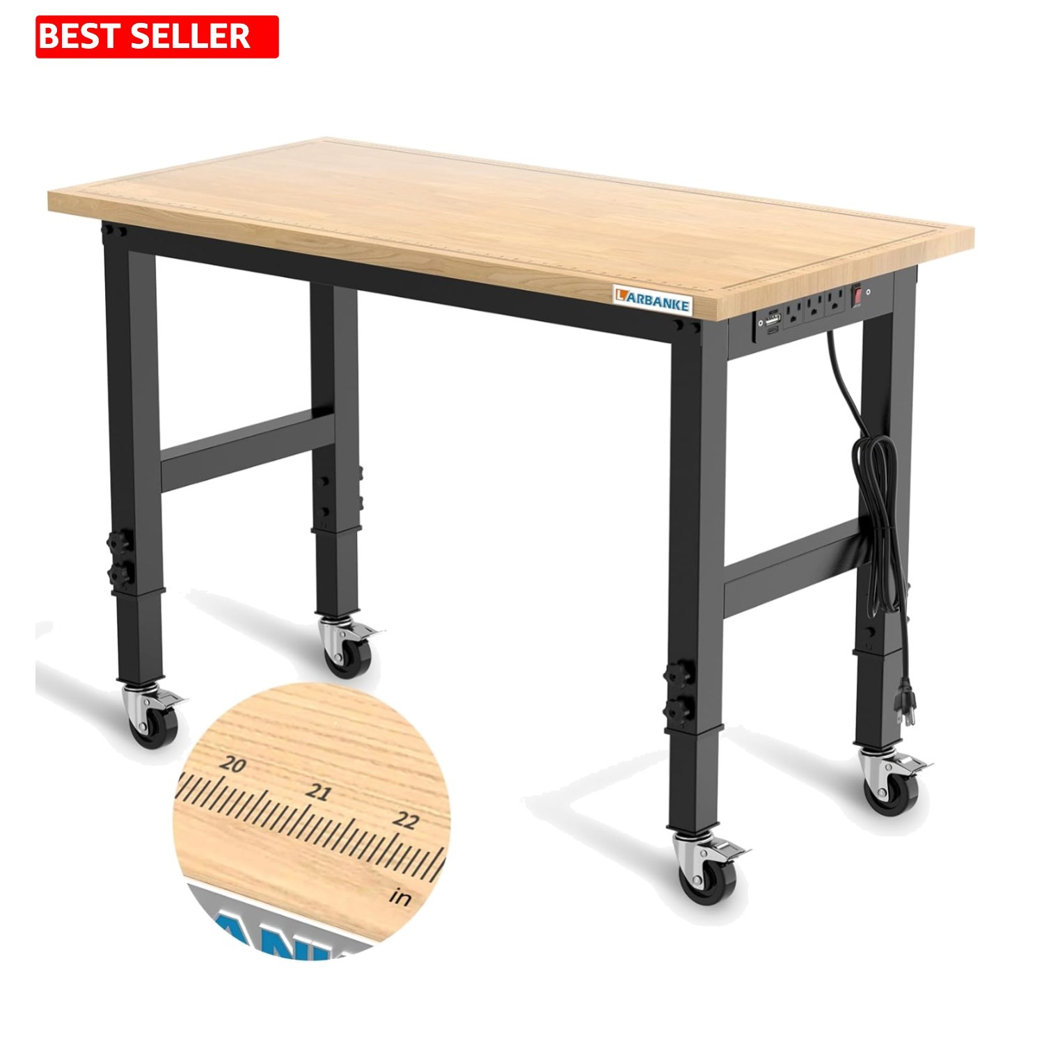 Versatile 48" Rubber Wood Workbench with Adjustable Height & Mobility Wheels