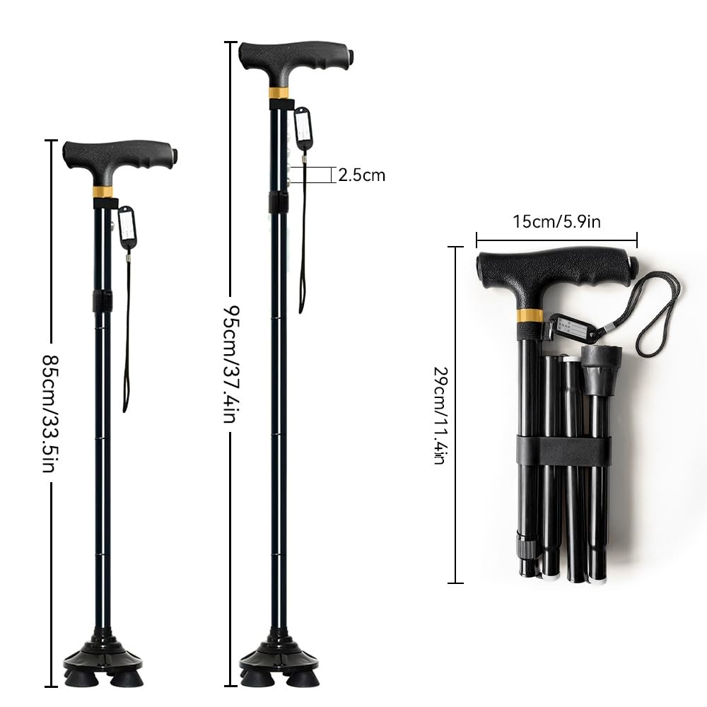 Quad Walking Cane Adjustable Foldable 4 Prong Base Walking Stick