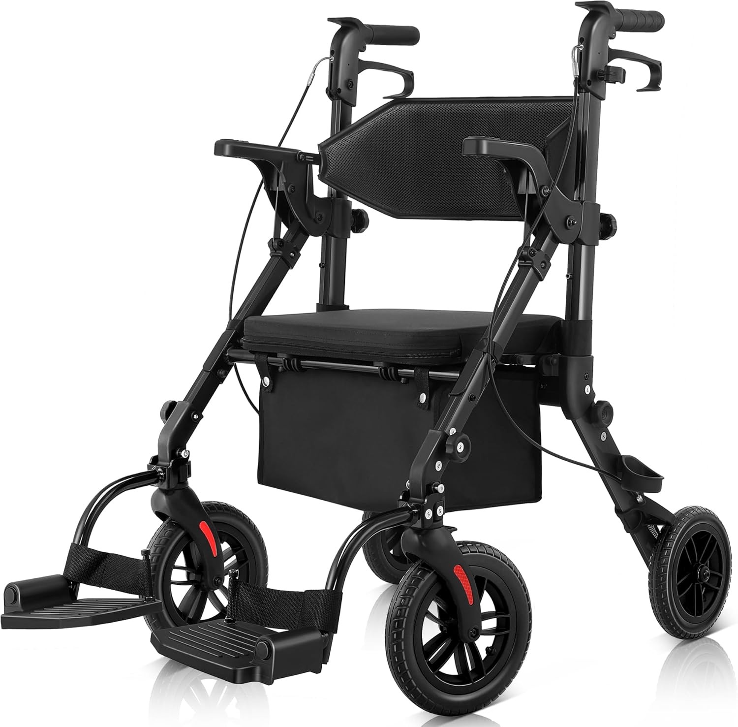 2 in 1 Rolling Walker Transport Wheelchair Lightweight Foldable, 10" Big Wheels