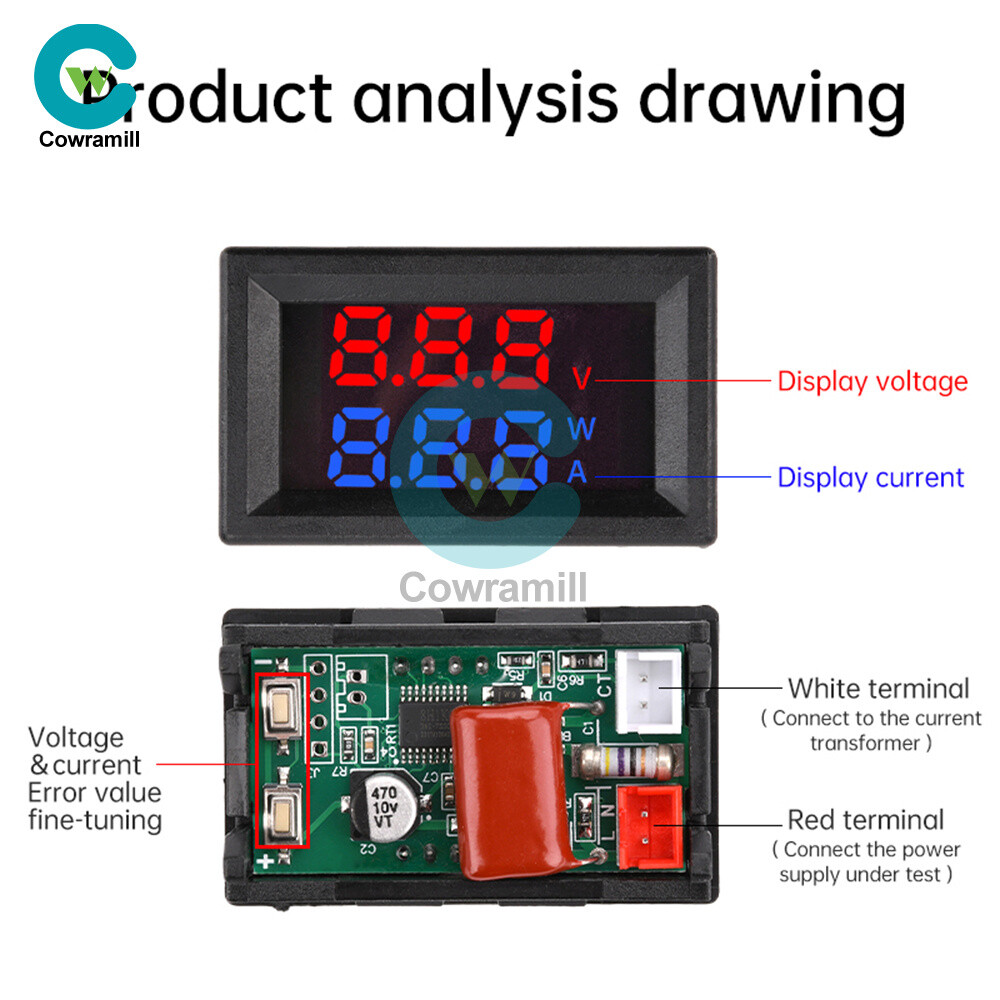 Dual Digital AC Voltage Current Power Meter Voltmeter Ammeter Red Blue 10A/30A