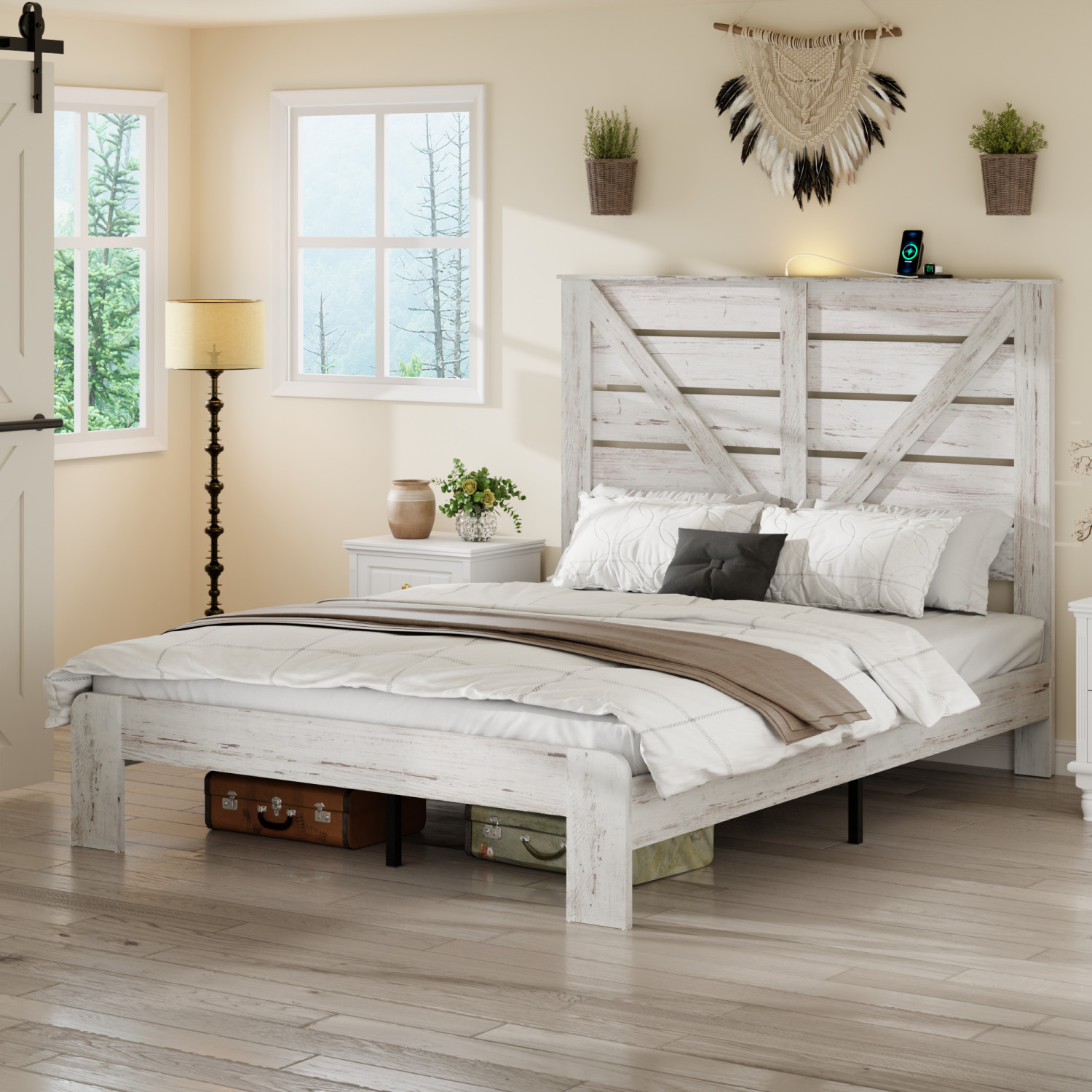 Full Size Bed Frame Wood Platform Bed with Wood Headboard Wood Slat Support