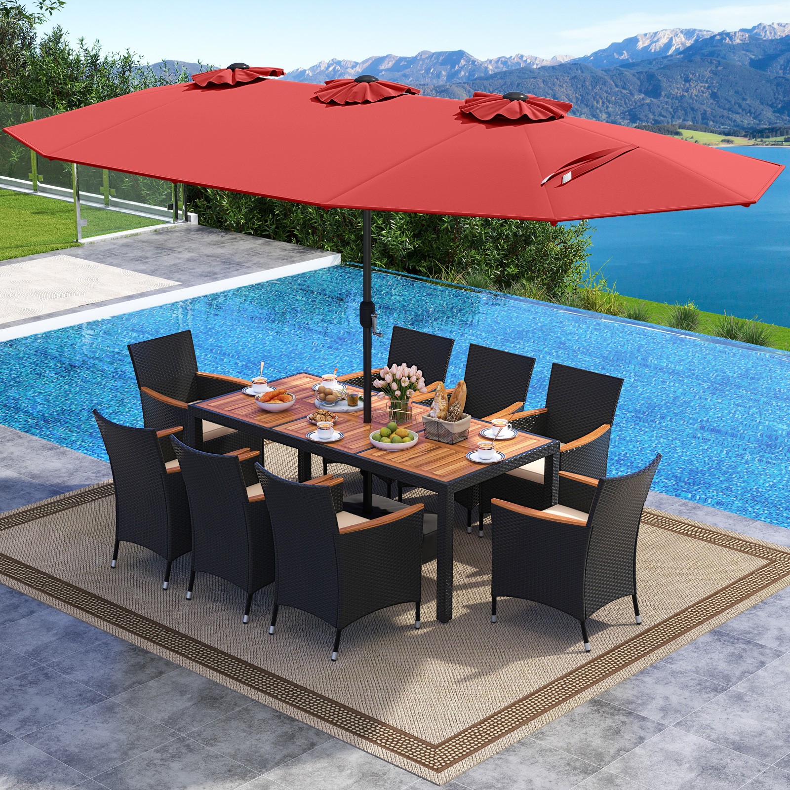 11PCS Patio Wicker Dining Set w/Double-Sided Outdoor Umbrella 8 Stackable Chairs