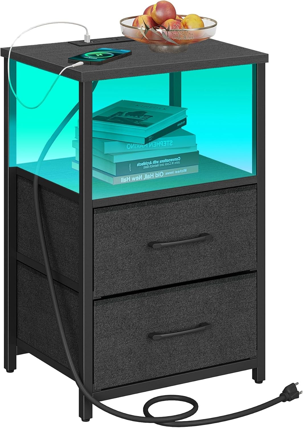 LED End Table W/ Charging Station Nightstand W/ Cloth Drawer Side Table W/ 1 USB