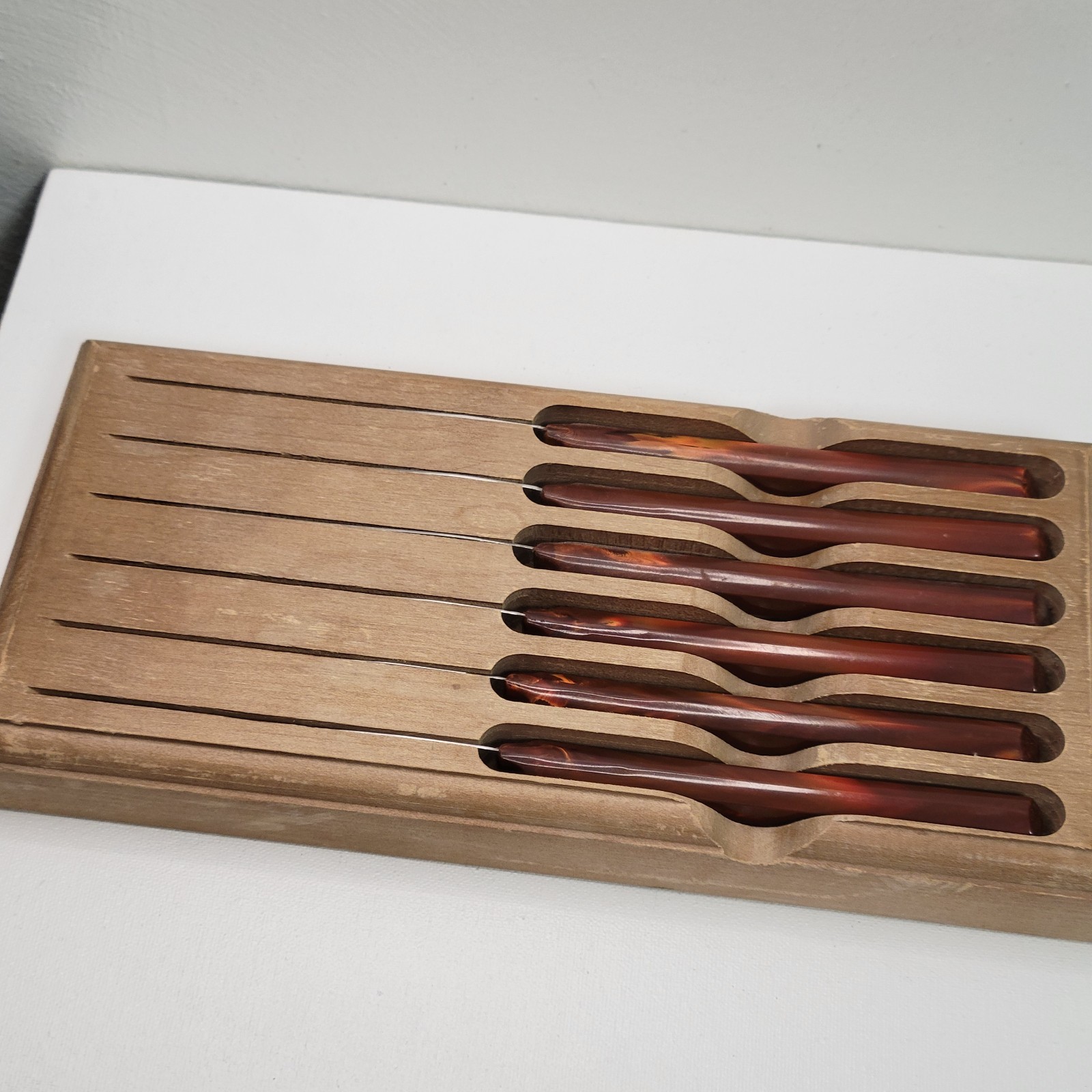 Vtg Kaylan Stainless Steel Knives Tortoise Bakelite handles MCM 6pc w/wood block