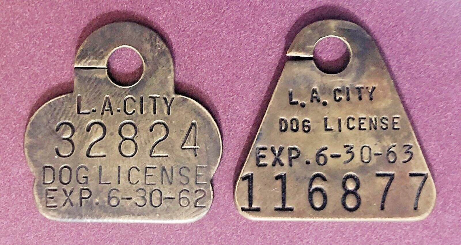2  Dog License Brass Tags: City of Los Angeles CA; 1962 & 1963