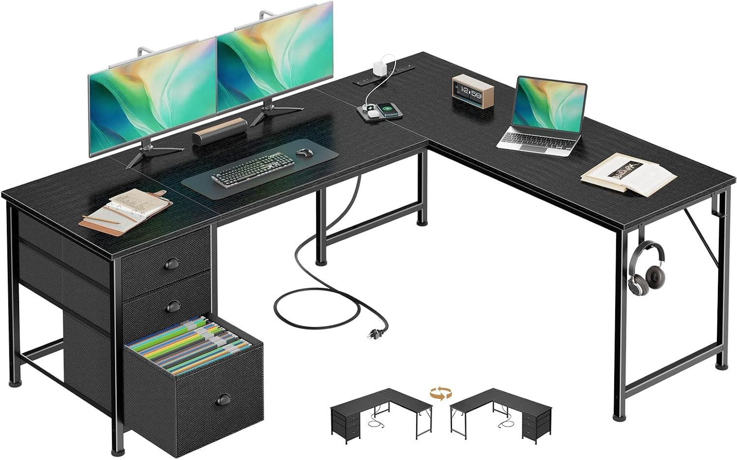 63" L Shaped Desk with Power Outlets & USB-C Port, Reversible Corner Computer De