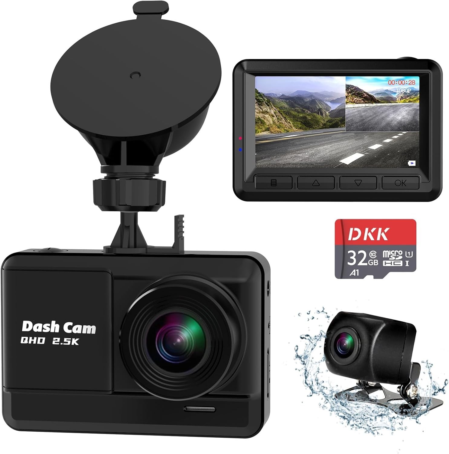 Dash Cam Front and Rear 2.5K  1080P 32G 2.45" Screen Night Vision Loop Recording