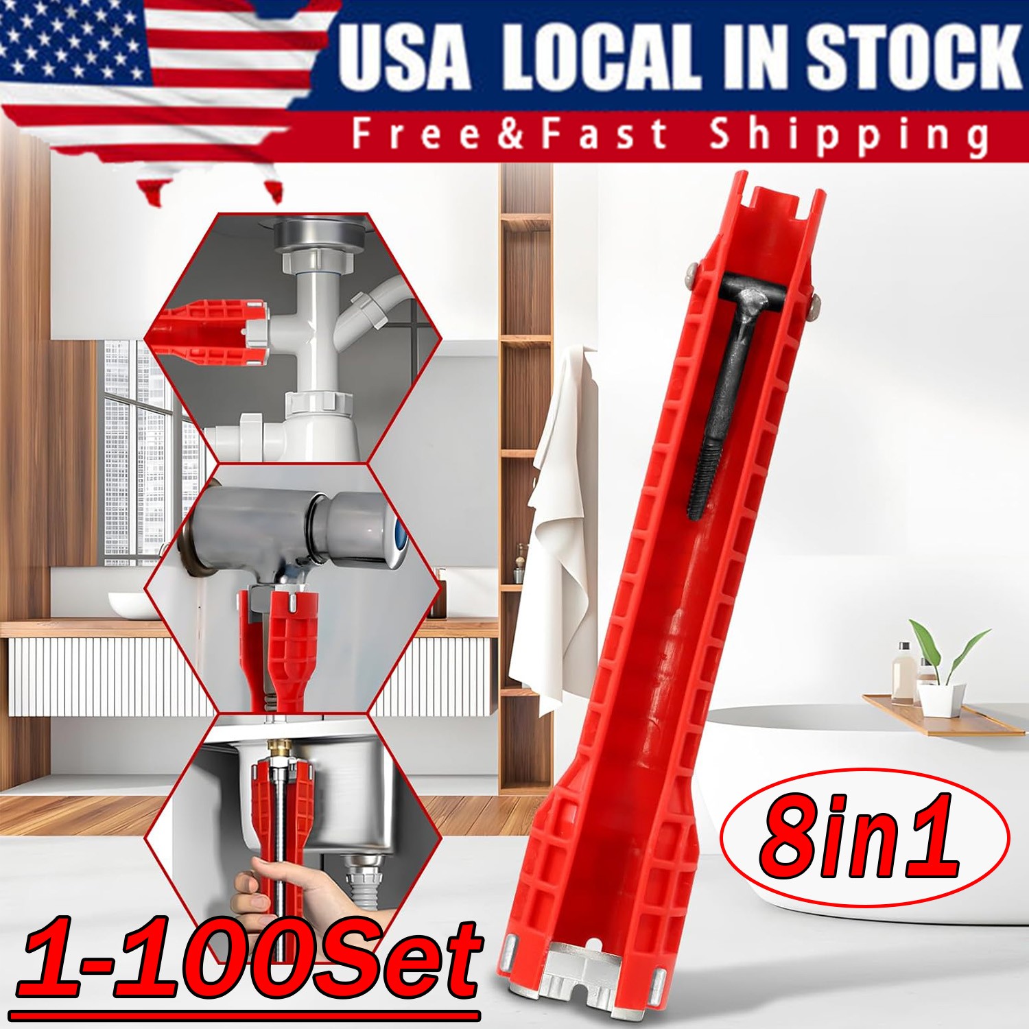 8in1 Multi tool Faucet Sink Installer Pipe Wrench For Plumbers & Homeowners Lot