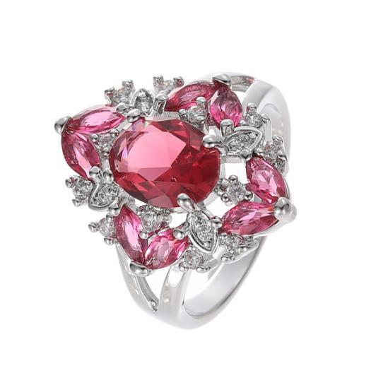 Oval Flower Shine Red Kunzite White Topaz Gemstone Silver Rings Size 6-10