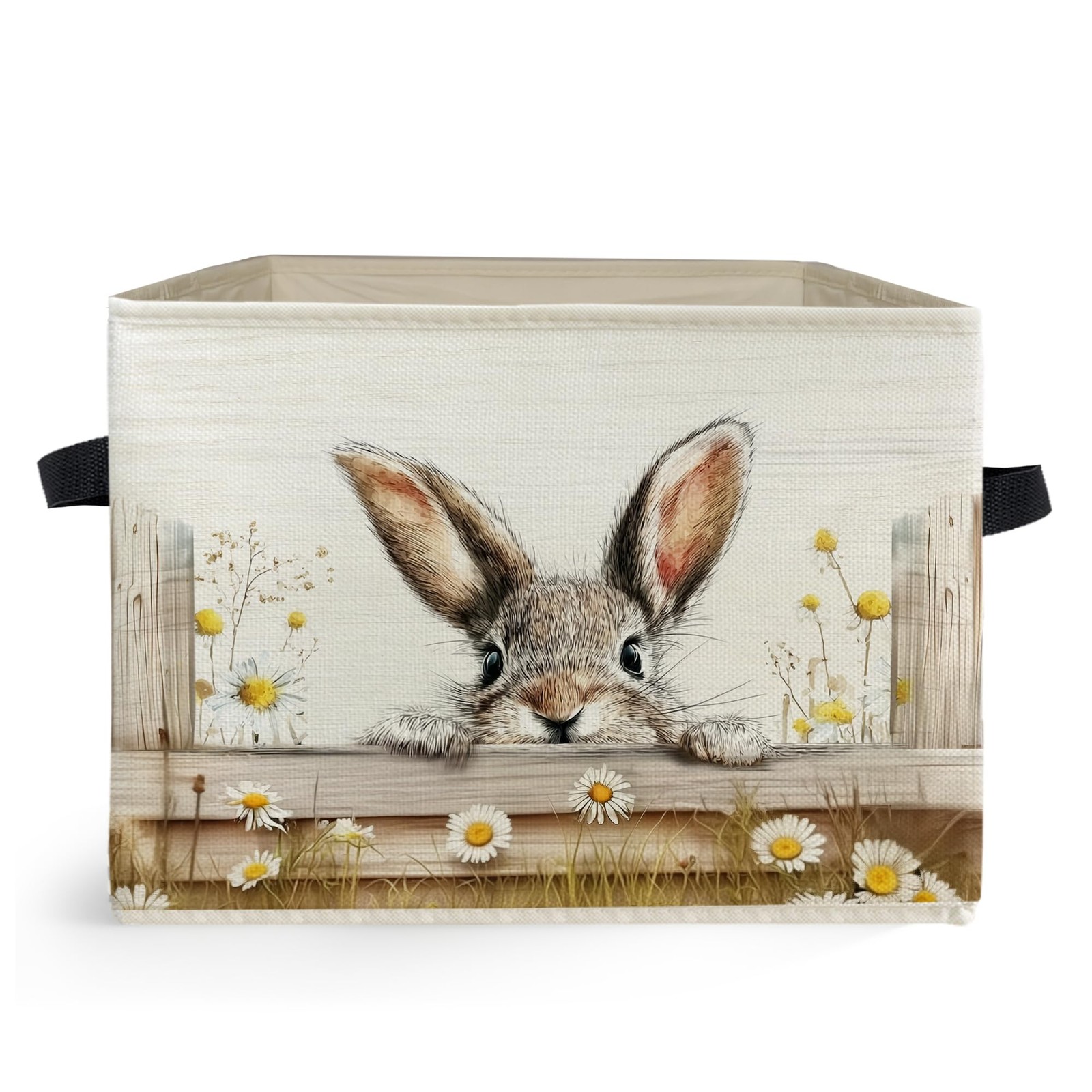 Farmhouse Daisy Floral Bunny Storage Box Bins, Rustic Cottagecore Rabbit Coll...