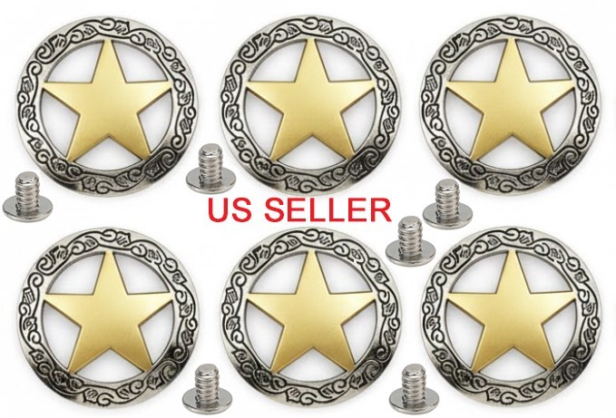 6 PC Silver Engraved Texas Ranger Gold Star Conchos 1-1/2" Screw Back. US SELLER