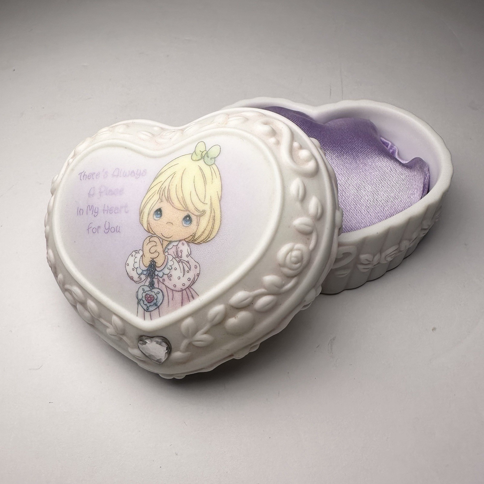 Precious Moments Porcelain Heart Trinket Box April Faux Diamond Birth Stone-2002