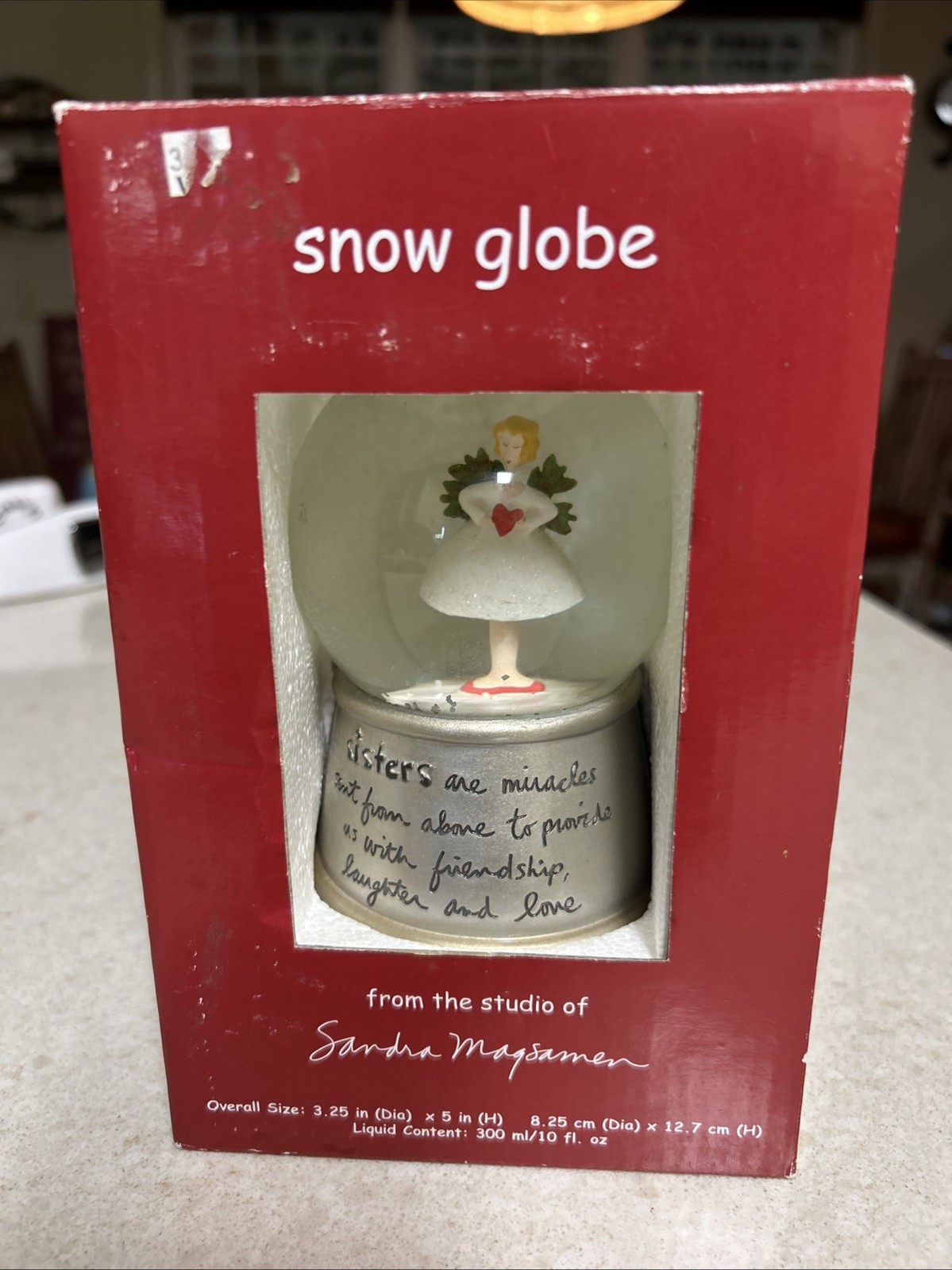 Signed Sandra Magsamen Snow Globe SISTERS Quote Angel Star Heart Silver Stand