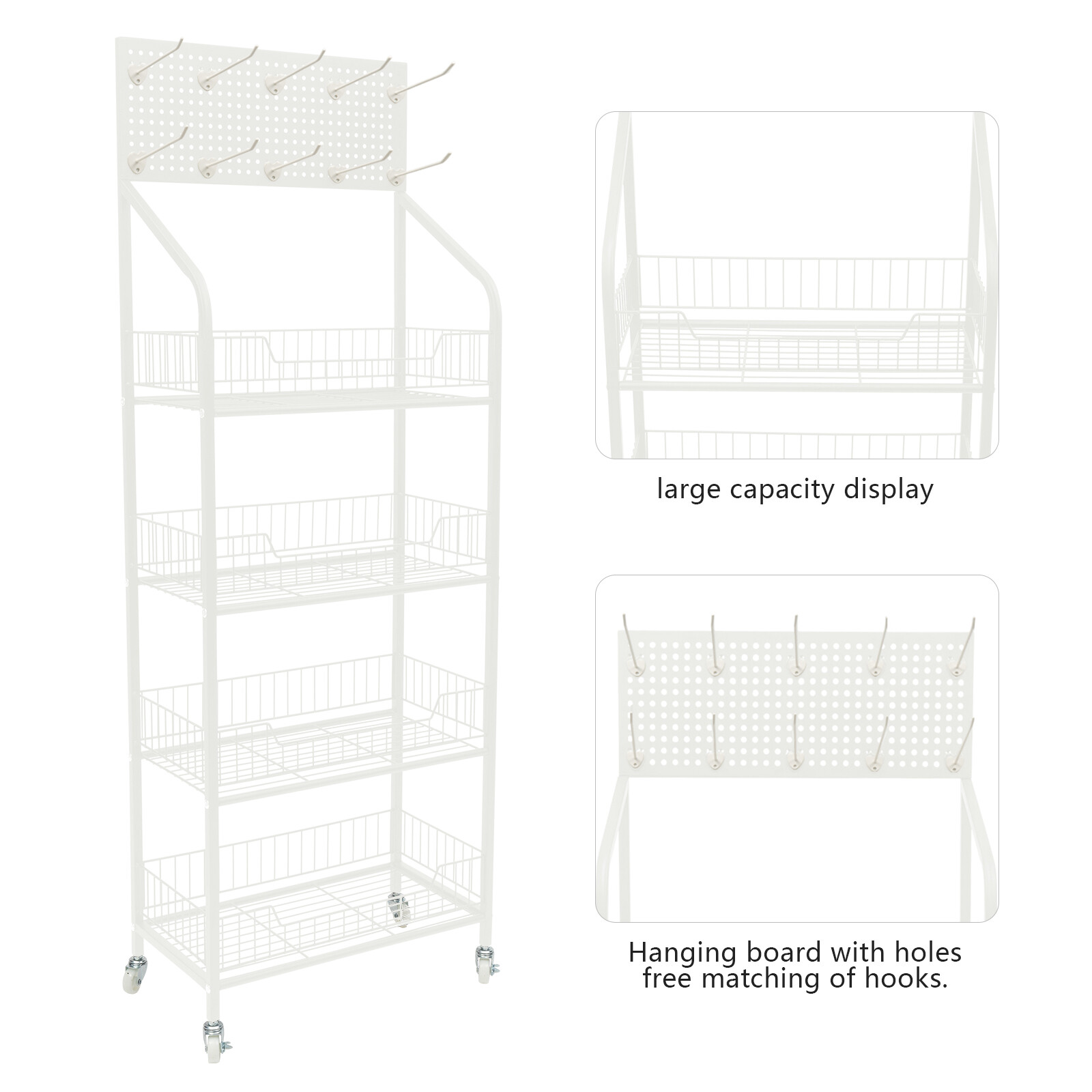 4-Tier Metal Snack Display Rack With Hooks & Wheels White