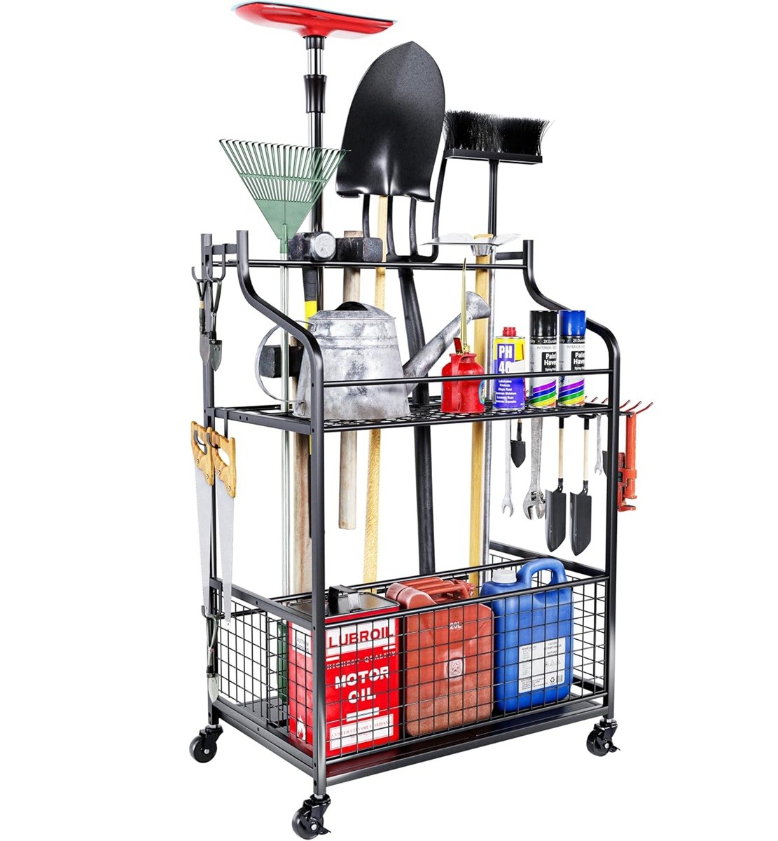Heavy Duty Metal Garden Tool Organizer for Garage and Storage with Wheels