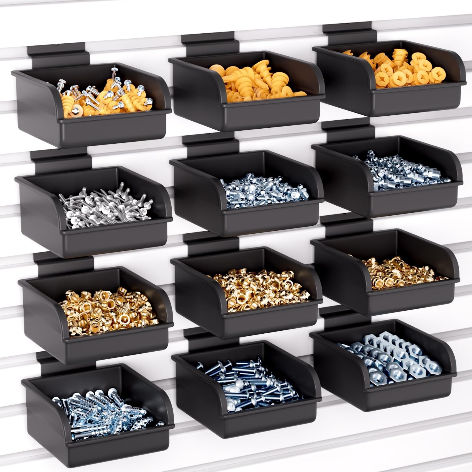 12 Pack Slatwall Bins with Hooks - Plastic Storage Containers for Garage, Craft,