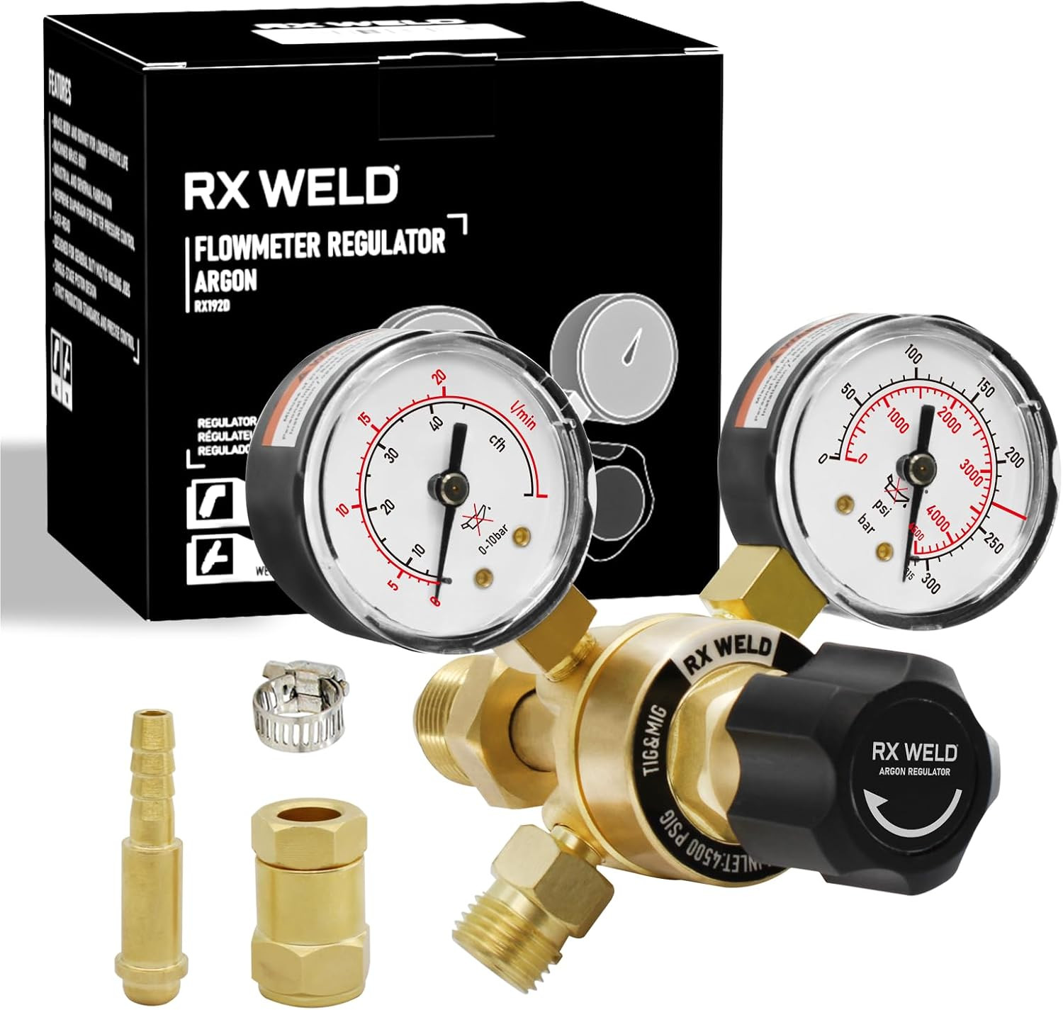 RX WELD Argon Regulator for MIG TIG, 0-40 CFH, CGA580 Inlet | Dual 9/16" & 5/8"