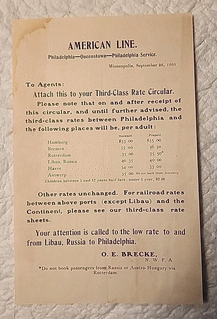 September 26, 1905 American Line Cruise Ships Third Class Rate Sheet