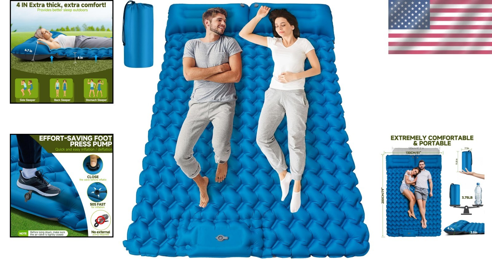 Ultralight 4" Thick Inflatable Sleeping Pad for Camping - Quick Inflate & Carry