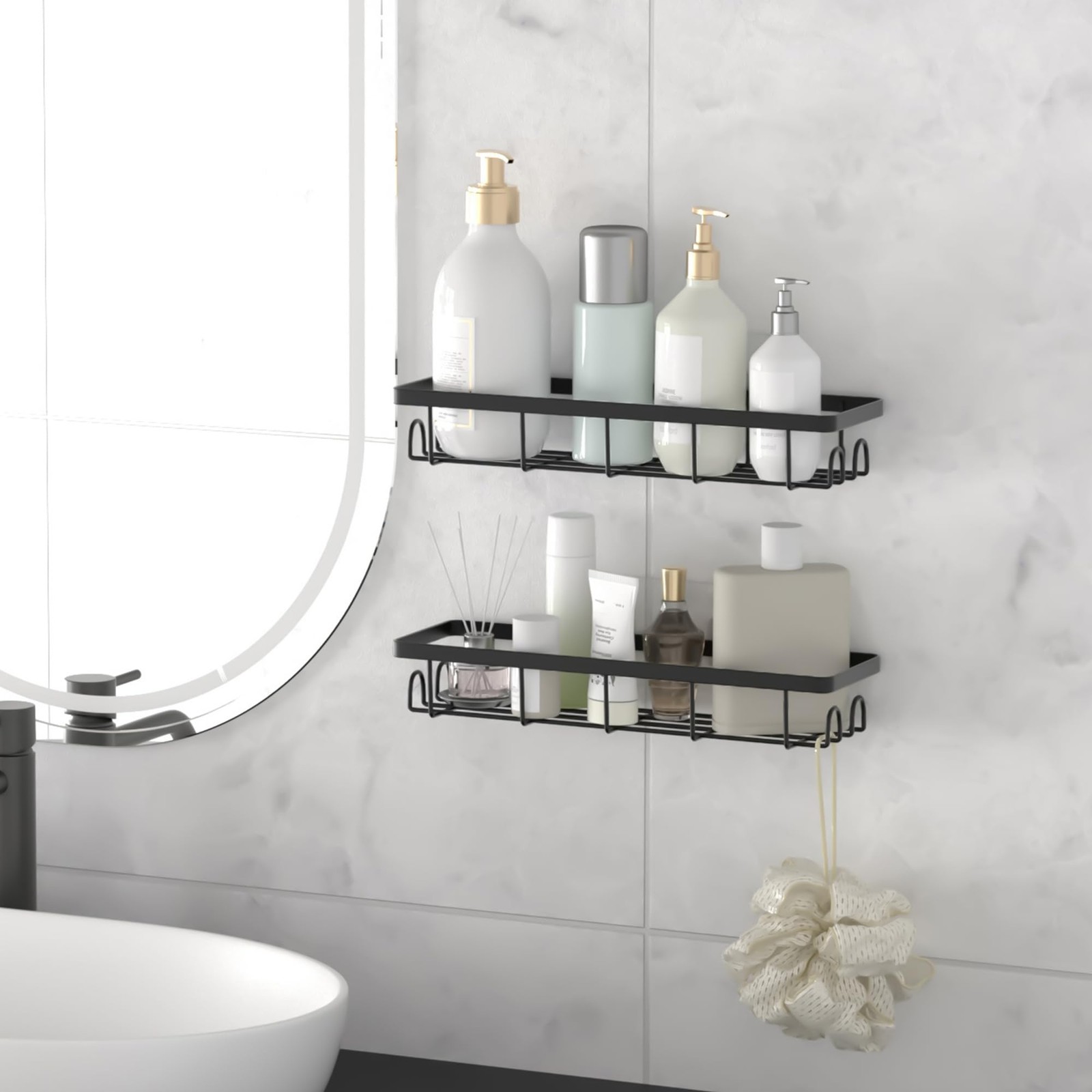 Uninol Shower Caddy Organizer with Hooks,Self Adhesive Bathroom 2 Pack, Black