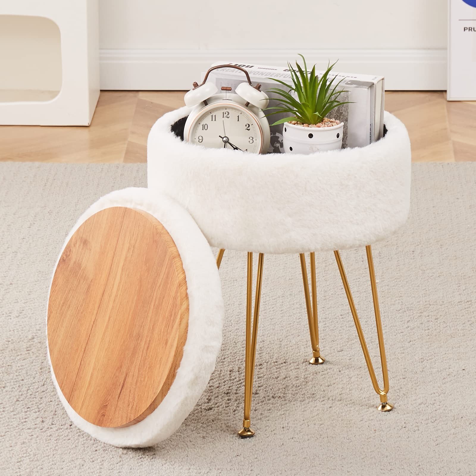 Footrest Footstools Round Faux Fur Ottoman With Storage Space Soft Vanity Chair